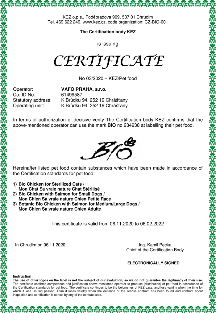 Vafo certificate Vafo certificate